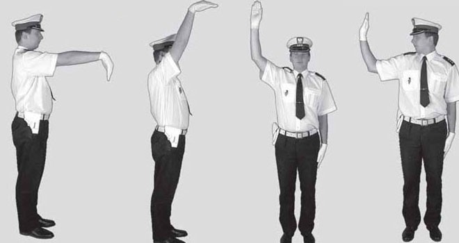 Pozycje i gesty wydawane przez policjanta na skrzyżowaniu.